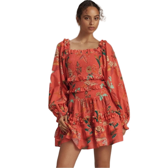 FARM Rio Dresses & Skirts - Farm Rio Anthropologie Smocked Ruffle Mini Dress Large Coral Long Sleeve Orange
